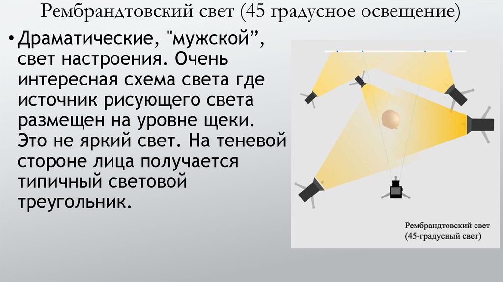 Расположение источников света. Схемы света. Рембрандтовская схема освещения. Схемы студийного света. Расстановка источников света.