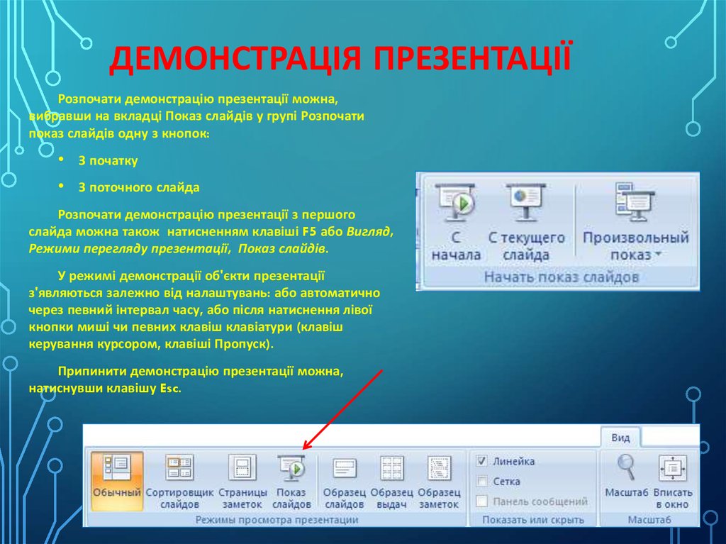 Как выйти из режима просмотра презентации ответ