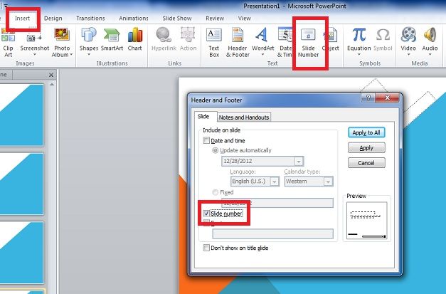 Как добавить номер слайда в презентации