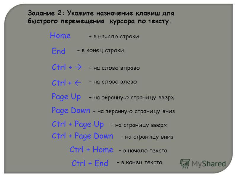 Между клавишами. Клавиши быстрого перемещения по тексту. Горячие клавиши для перемещения по тексту. Клавиша для перемещения текстового курсора. Быстрое перемещение курсора:.