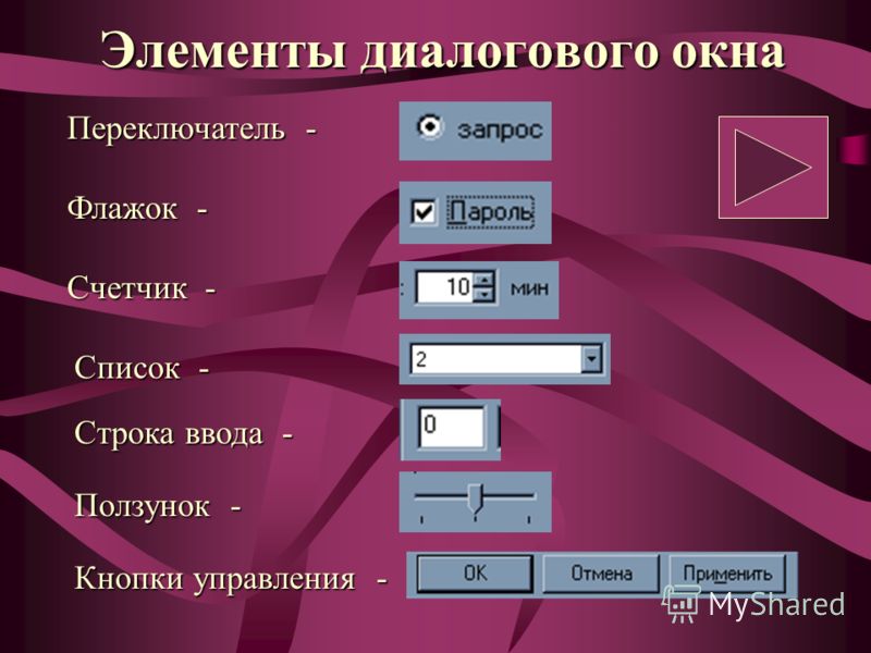 Из перечисленных объектов. Элементы диалогового окна. Элементы управления диалогового окна. Перечислите управляющие элементы диалогового окна. Основные элементы долгового окна.