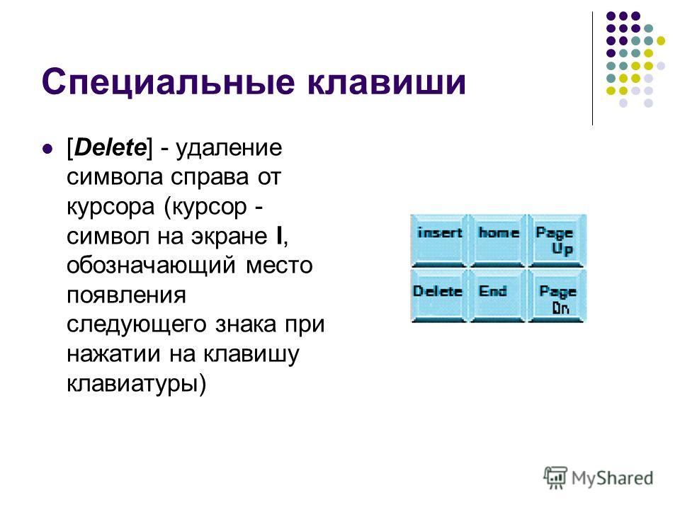 Какая клавиша удаляет справа от курсора