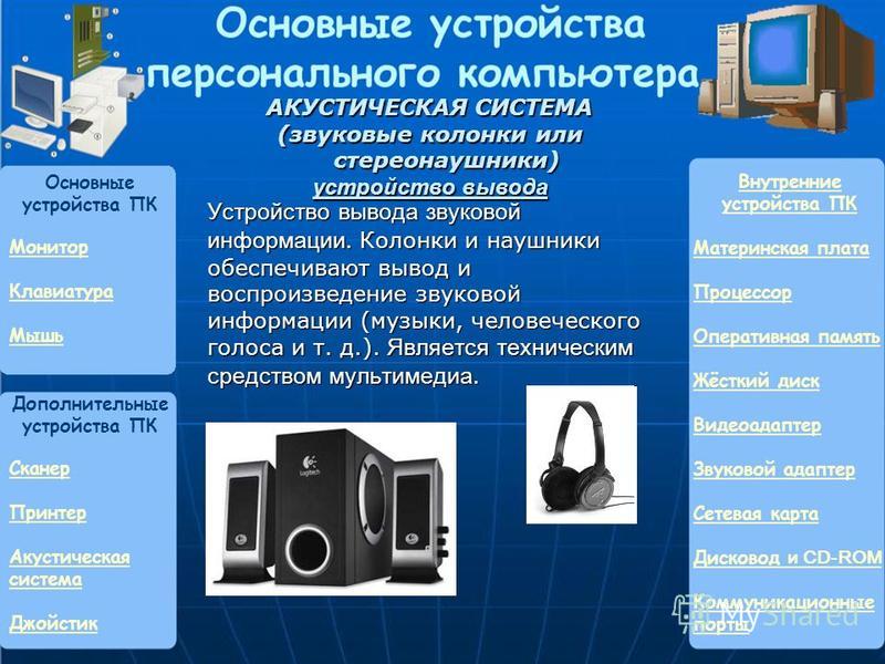 Из перечня устройств. Колонки как устройство вывода информации. Вывод информации на колонки или наушники. Устройства для вывода звуковой информации из компьютера. Звуковые колонки Назначение.