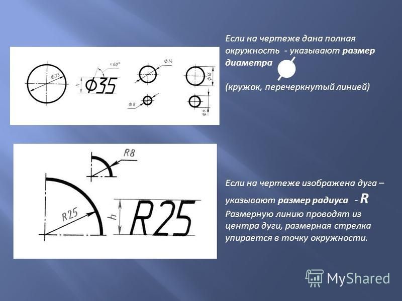 Значение радиуса. Обозначение диаметра на чертеже. Диаметр на чертеже. Размер диаметра окружности на чертеже. Обозначение радиуса на чертеже.