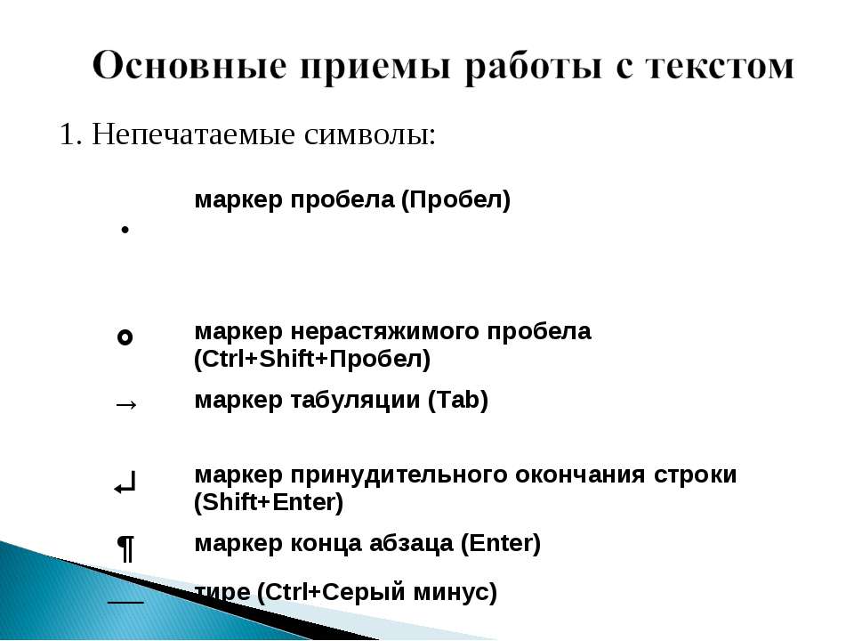 Основные приемы работы. Непечатные символы. Основные непечатаемые символы. Базовые приемы работы с текстом. Непечатаемый символ конца абзаца.