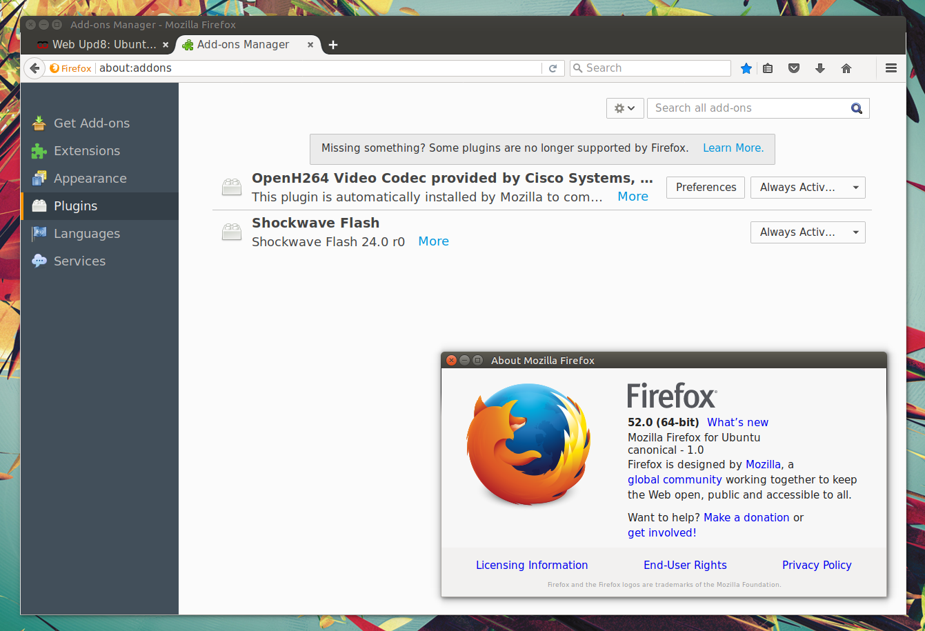 Установка firefox linux. Firefox плагины. Аддоны для Firefox. Плагины для фаерфокс. Mozilla Firefox 52.