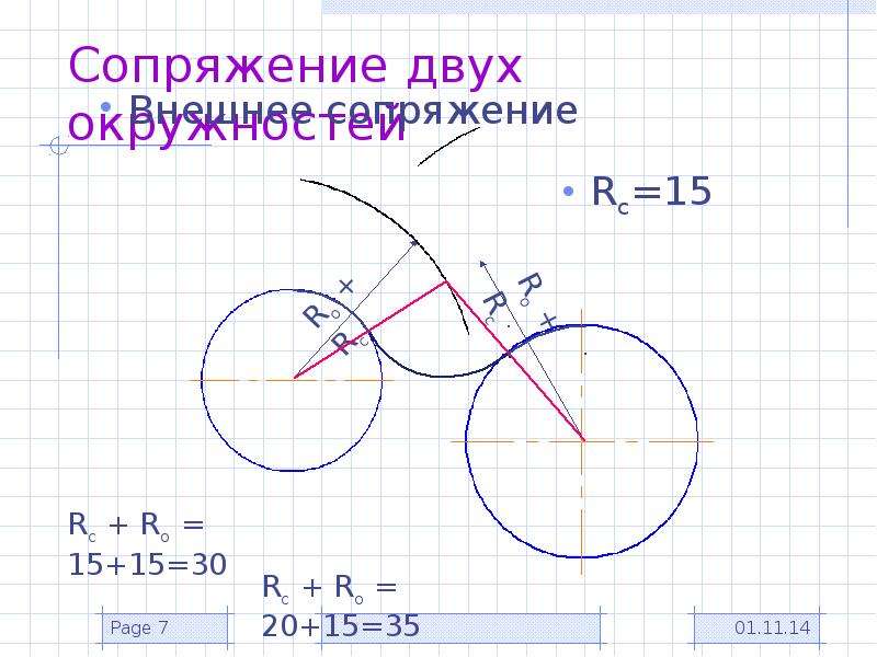 Смешанное сопряжение двух окружностей показано на рисунке