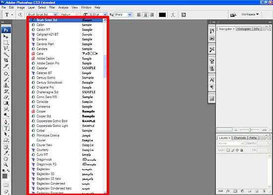 Замена примера шрифта sample в photoshop
